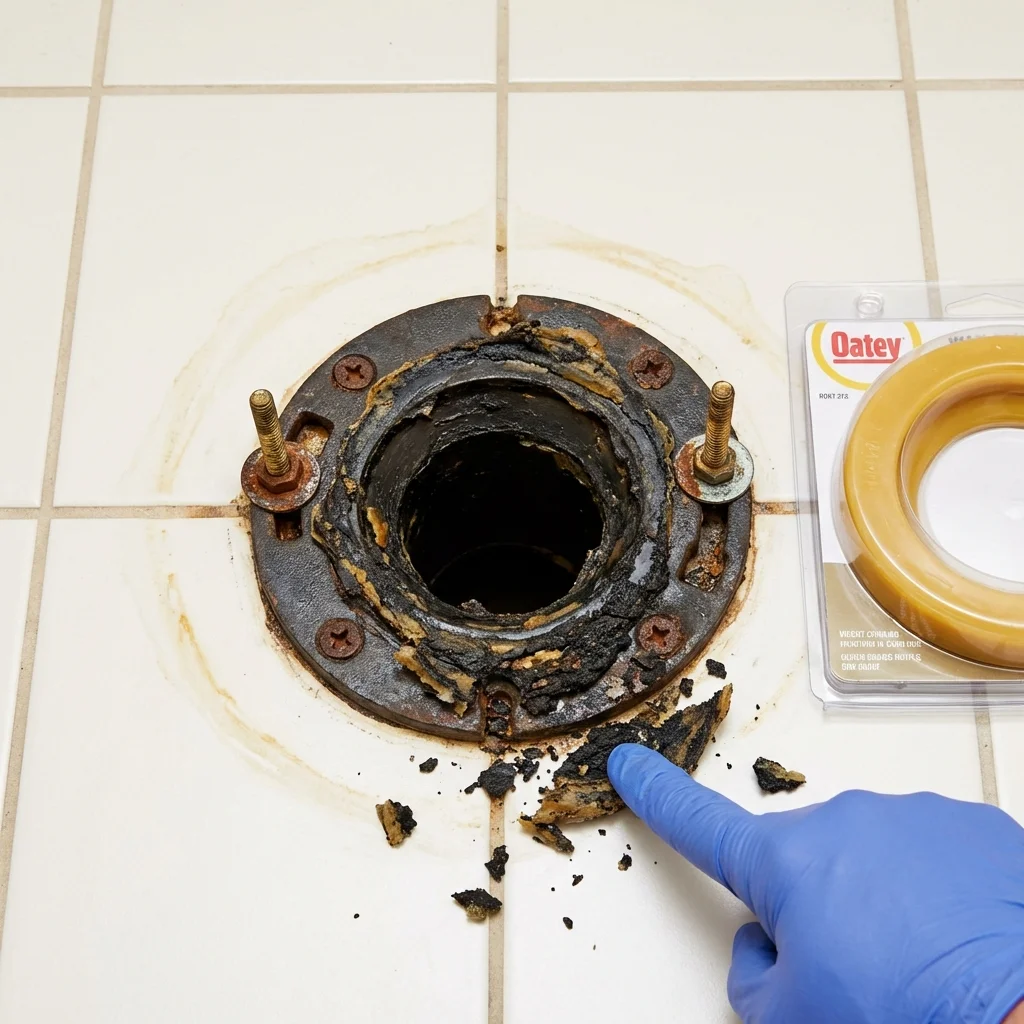 Failed wax ring showing water seepage at the base of a toilet in a Lynchburg, OH home