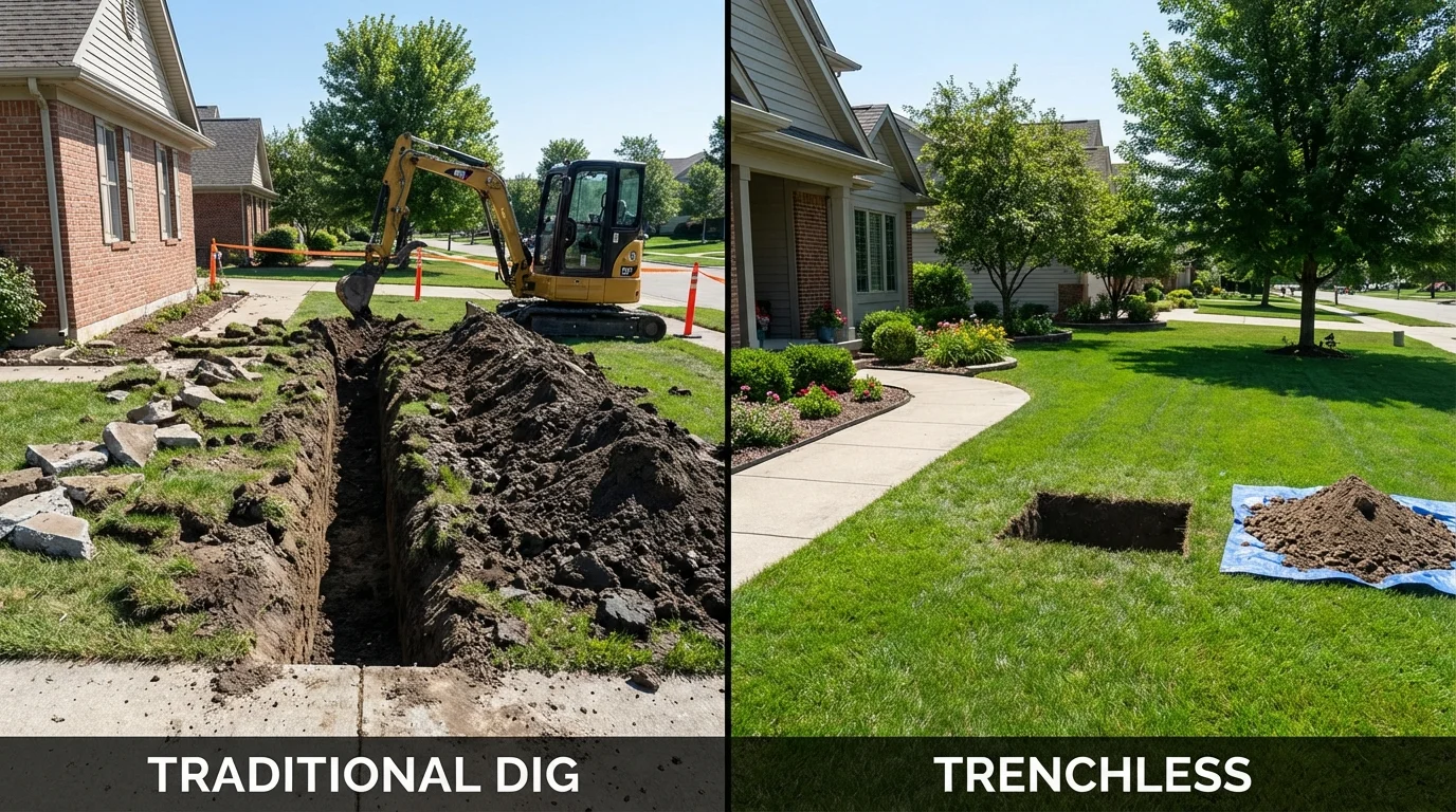 Trenchless sewer repair with minimal yard damage versus traditional excavation in Lynchburg, OH