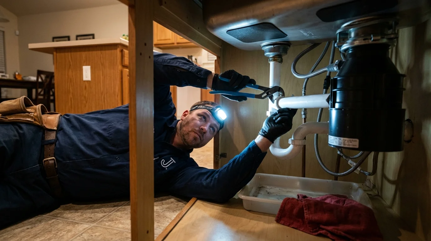 P-trap and supply line connections under a kitchen sink showing a common leak point in Lynchburg, OH